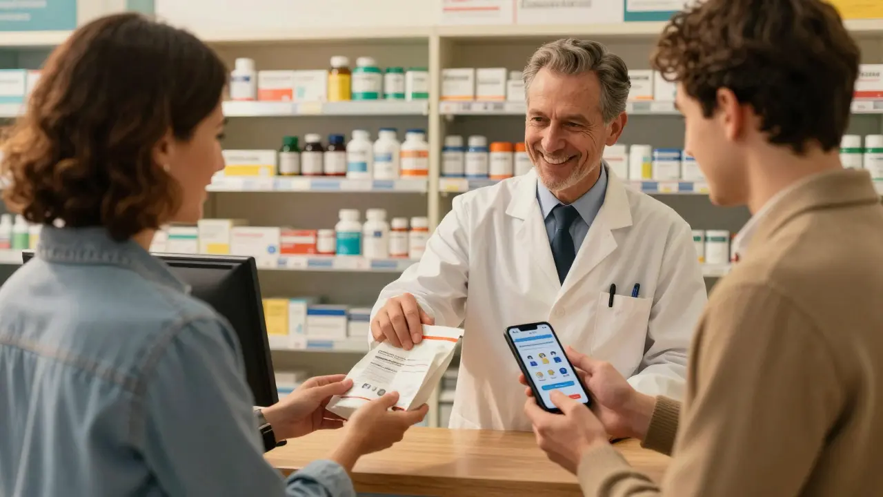 Smiling customer picking up medication at a pharmacy counter with a phone in hand