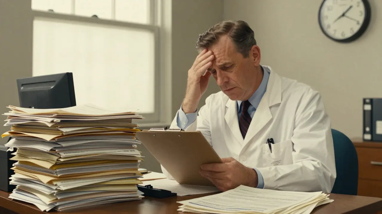 Stressed doctor surrounded by piles of prior authorization paperwork in office.