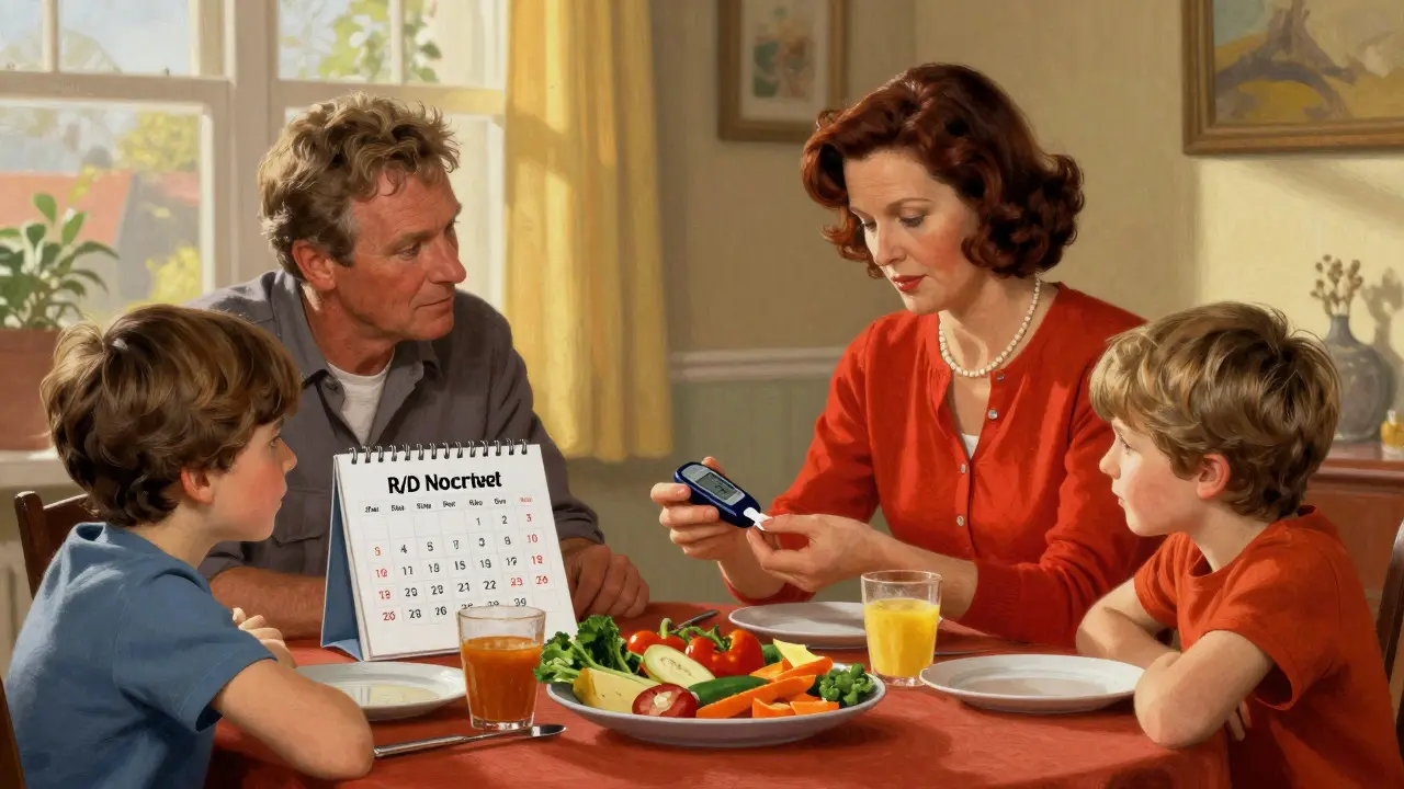 Woman checking blood sugar at dinner table with supportive family.