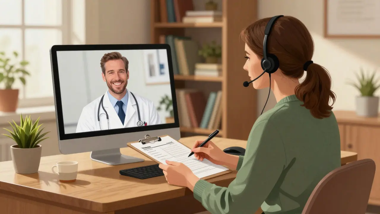 Woman consulting a doctor remotely in Norman Rockwell style