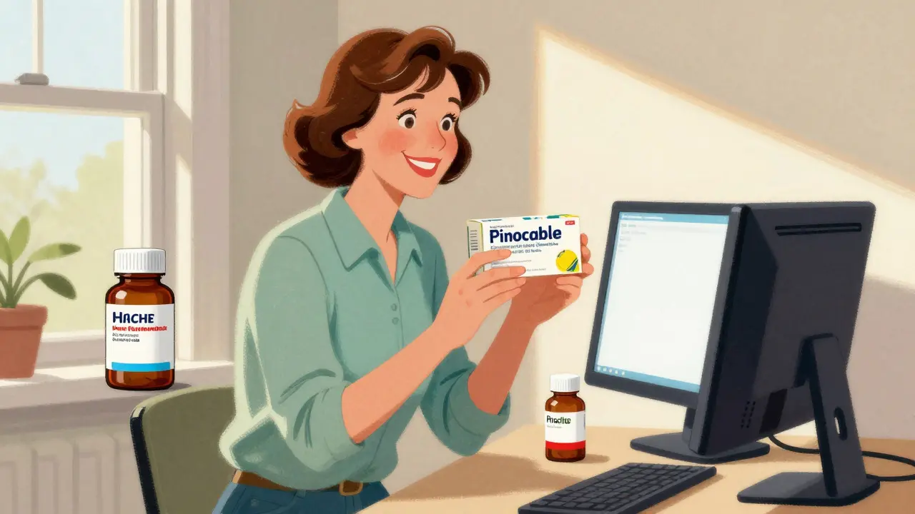 Woman smiling with generic medication box