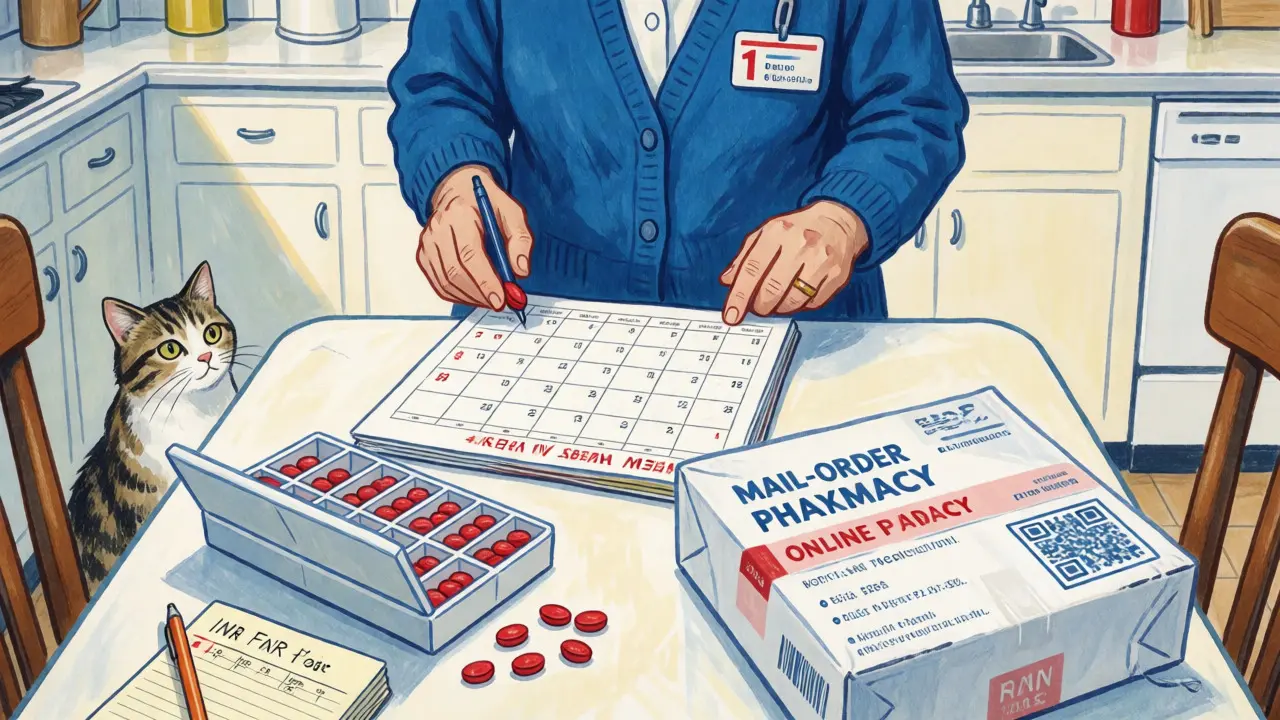 Patient organizing weekly warfarin doses and mail-order package in a bright kitchen.