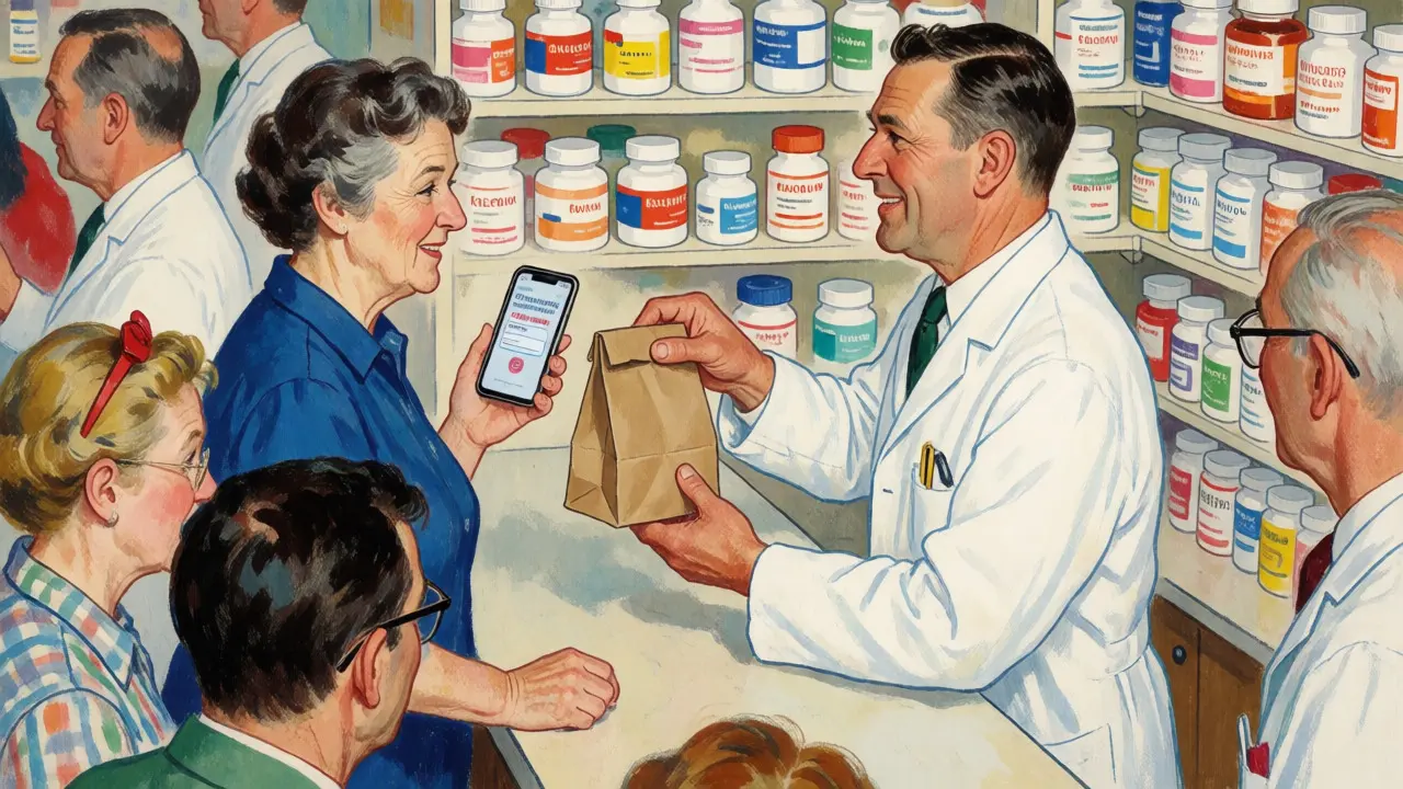 Pharmacist handing medication bag to customer using a digital coupon at the counter.
