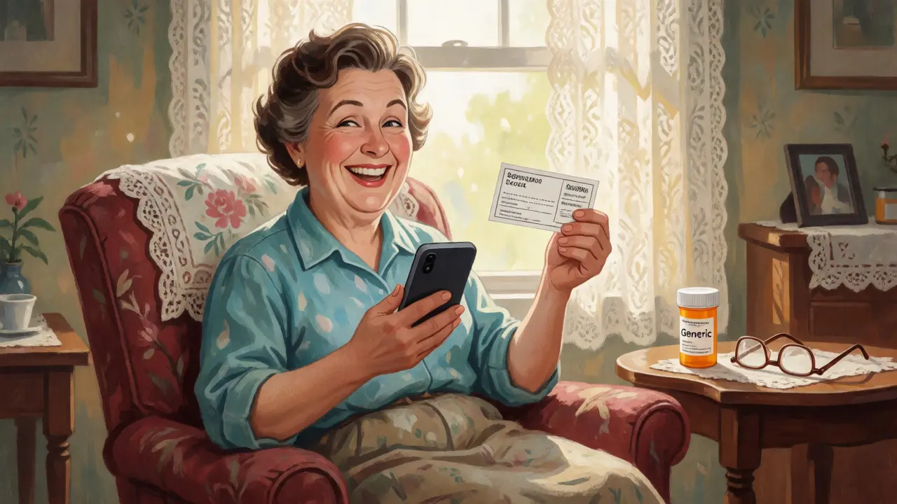 Woman happily comparing prices on phone with discount coupon